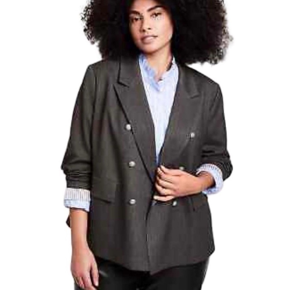 Nili Lotan Designer Charcoal Herringbone Double Breasted Blazer L / XL